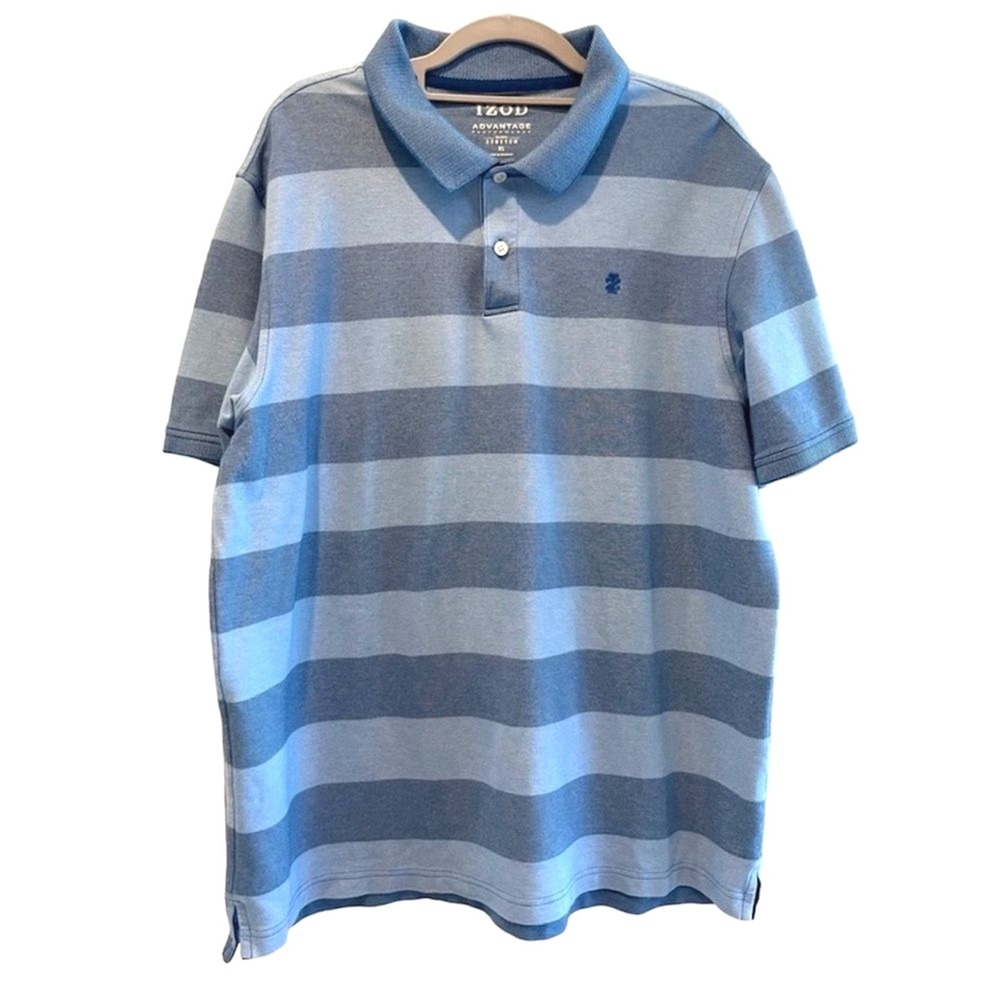 IZOD Mens Advantage Performance Stretch Polo Shirt Blue Gray Stripe XL FLAW